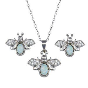 Sterling Silver 925 Rhodium Plated Opal and Clear Bumblebee Earring Pendant Set
